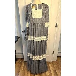 Gunne Sax Vintage 1970s Blue Gingham Maxi Dress #21 Prairie Cottage Core Sz 5